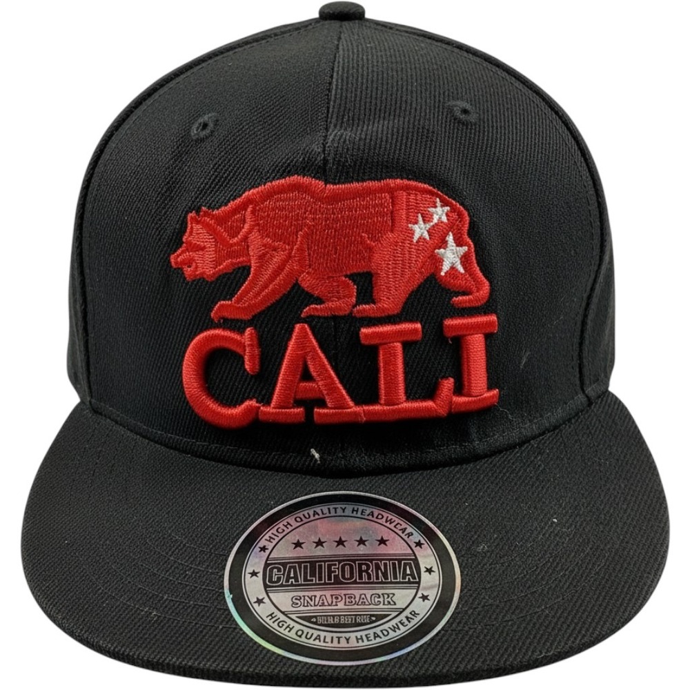 California Snapback Hat Black Red Cali Bear Embroidered Flat Brim Adjustable Cap